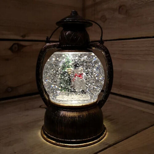 Premier 20cm Hurricane Water Spinner Lantern Glitter Snowman Warm White Led