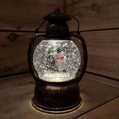 Premier 20cm Hurricane Water Spinner Lantern Glitter Snowman Warm White Led