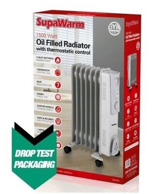 SupaWarm 1500w Oil Filled Radiator Heater With Wheels 1.4M Cable 3Heat Settings