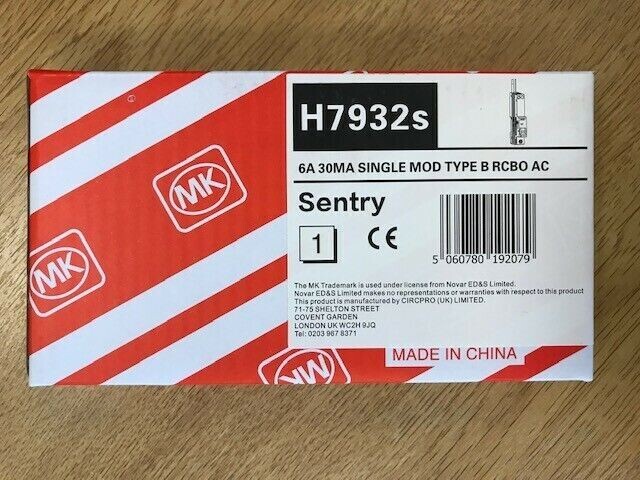 MK SENTRY 6A ELECTRICAL RCBO H7932s TYPE B AC 6A 30MA SINGLE MODULE 6 AMP 7932s