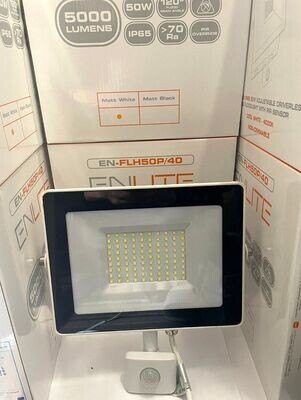 Enlite 50W Outdoor LED PIR Sensor Floodlight 4000K Matt White Body Adjustable IP65 5000 Lumens 50watts