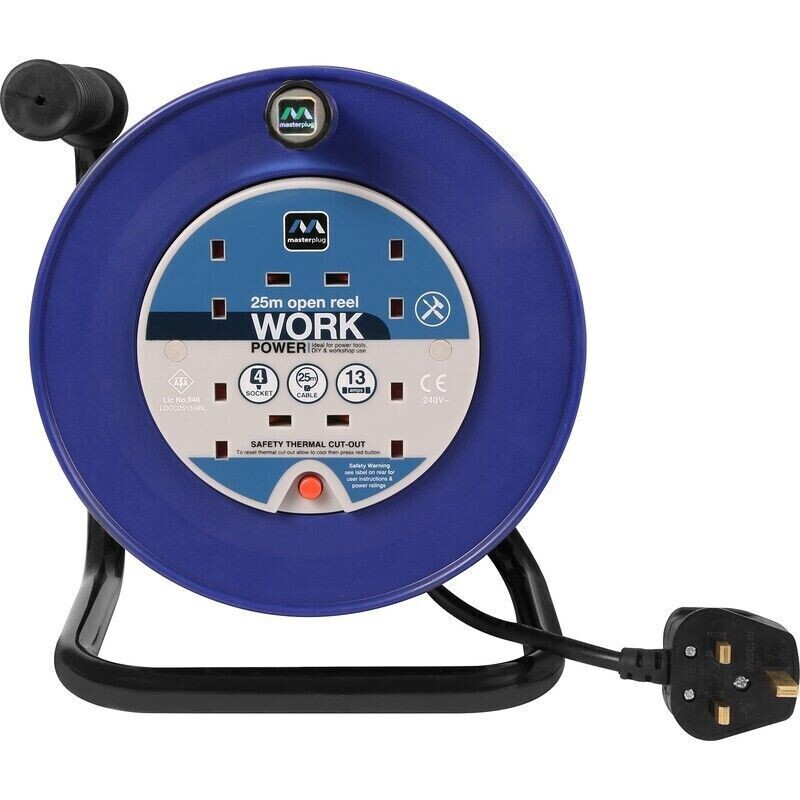 Masterplug 4 Socket Open Cable Reel Home Extension Lead 25 Metres 13 Amps