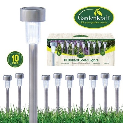 10 x GardenKraft Stainless Steel Bollard Solar Power Led Lights White - Pack 10 Outdoor Garden Pathways Light