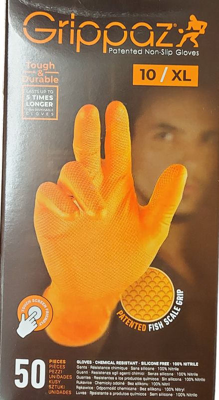 Grippaz Semi-Disposable, Orange & Black Fish Scale Grip Gloves, Pack of 50
