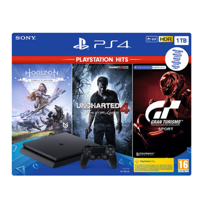 Playstation 4 1TB + Horizon ZD + Uncharted 4 + GT Sport  (Hits)