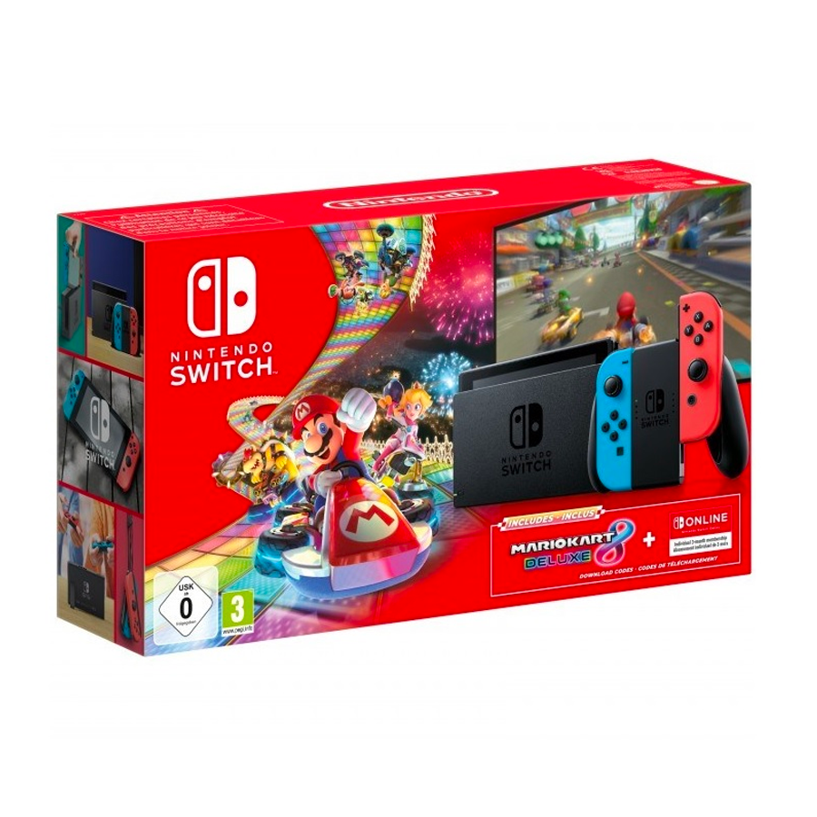 Nintendo Switch Bundle Mario Kart 8 Deluxe + 3 Mesi Abbonamento con Joy-Con rosso neon/blu neon