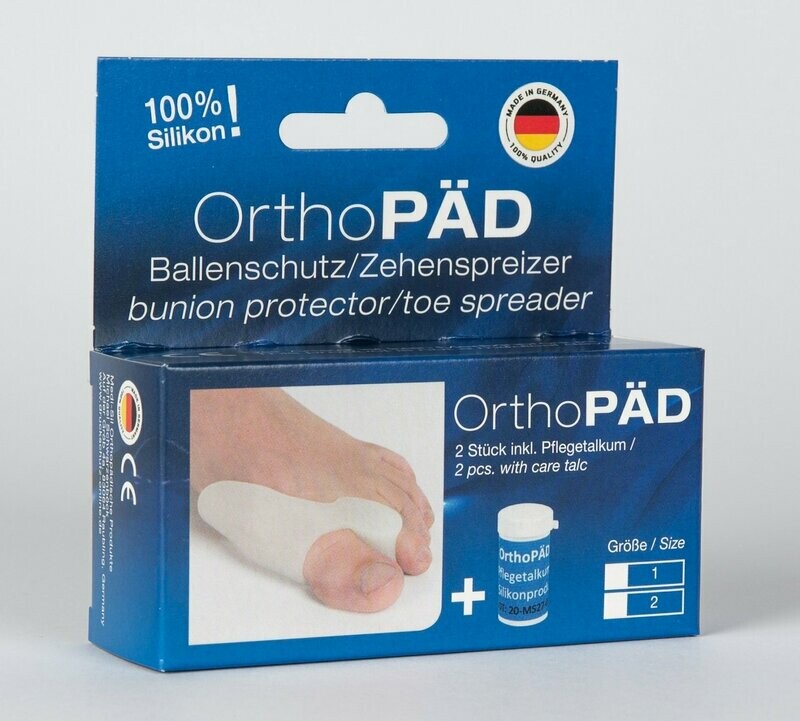 OrthoPÄD Ballenschutz / Zehenspreizer aus 100% Silikon, 2 Stück incl. Pflegetalkum, Verpackung mit Euro-Lochung, Einheitsgröße