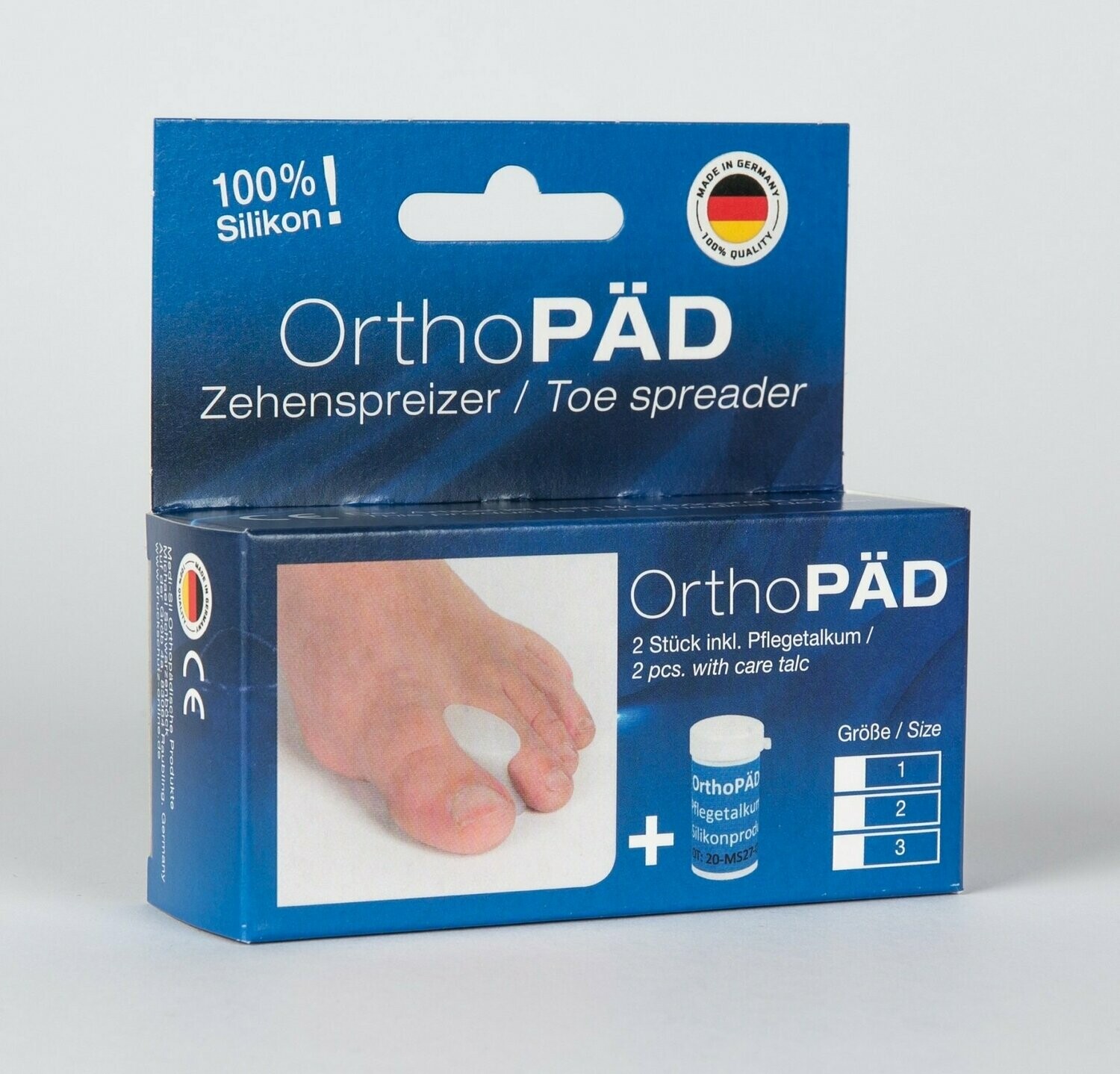 OrthoPÄD Zehenspreizer aus 100% Silikon, 2 Stück incl. Pflegetalkum, Verpackung mit Euro-Lochung, lieferbar in 3 Größen
