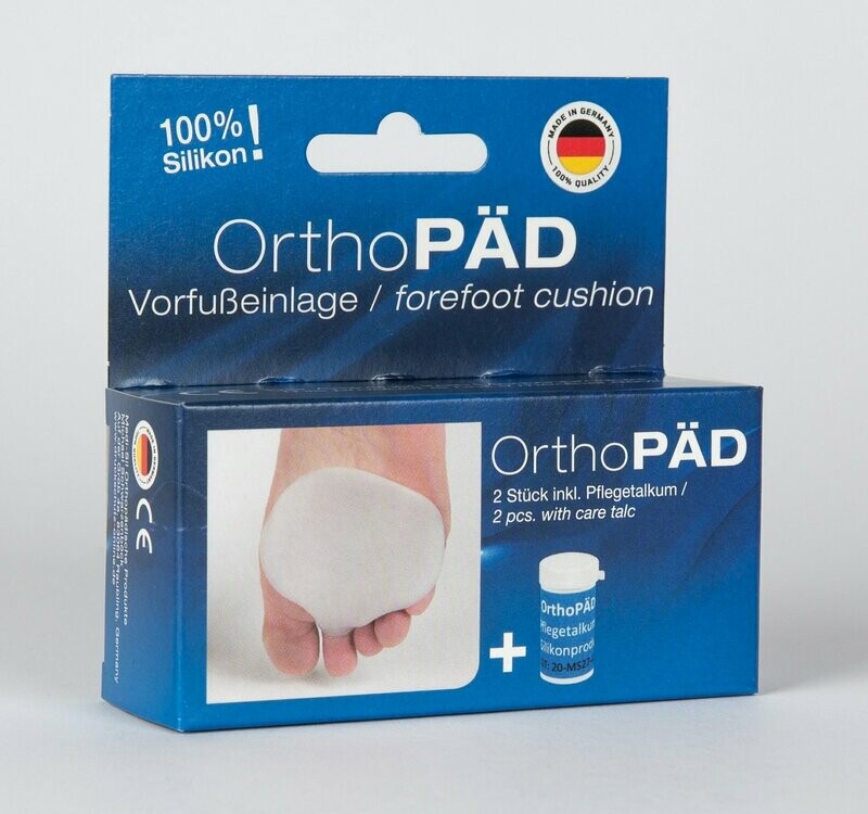 OrthoPÄD Vorfußeinlage aus 100% Silikon, 2 Stück incl. Pflegetalkum, Verpackung mit Euro-Lochung, Einheitsgröße