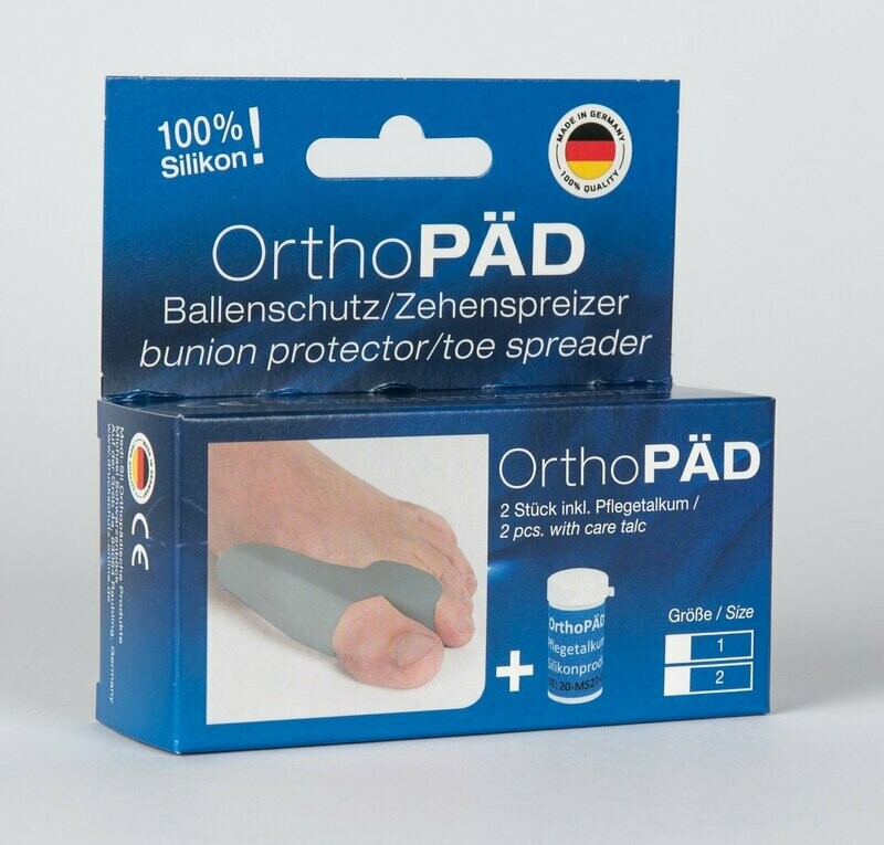 OrthoPÄD Ballenschutz / Zehenspreizer aus Silinan® (100% Silikon), 2 Stück incl. Pflegetalkum, Verpackung mit Euro-Lochung, Einheitsgröße