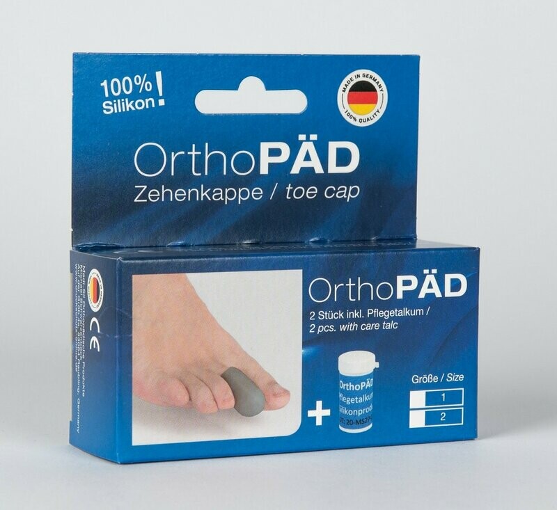 OrthoPÄD Zehenkappe aus Silinan® (100% Silikon), 2 Stück incl. Pflegetalkum, Verpackung mit Euro-Lochung, lieferbar in 2 Größen