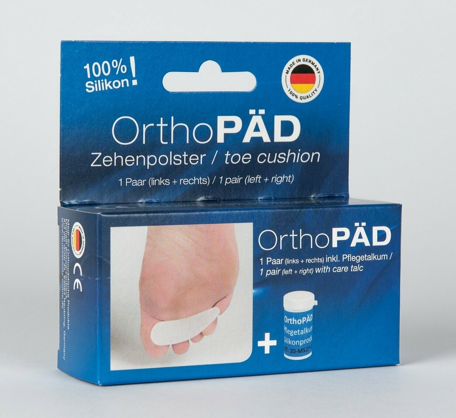 OrthoPÄD Zehenpolster aus 100% Silikon, je 1 Stück links und rechts, incl. Pflegetalkum, Verpackung mit Euro-Lochung, Einheitsgröße