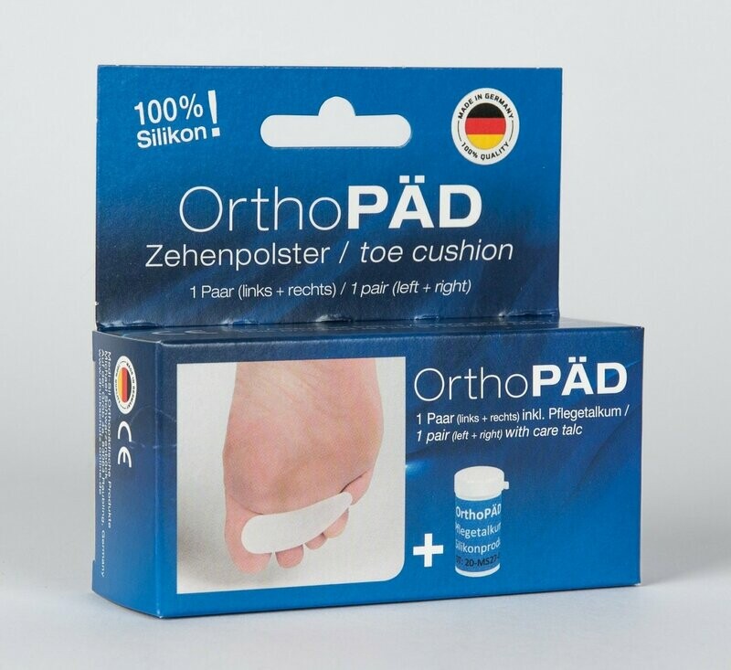 OrthoPÄD Zehenpolster aus 100% Silikon, je 1 Stück links und rechts, incl. Pflegetalkum, Verpackung mit Euro-Lochung, Einheitsgröße