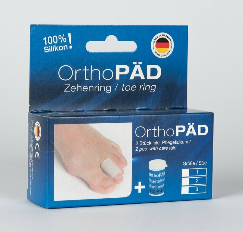 OrthoPÄD Zehenring aus 100% Silikon, 2 Stück incl. Pflegetalkum, Verpackung mit Euro-Lochung, lieferbar in 3 Größen