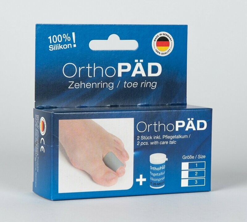 OrthoPÄD Zehenring aus Silinan® (100% Silikon), 2 Stück incl. Pflegetalkum, Verpackung mit Euro-Lochung, lieferbar in 3 Größen