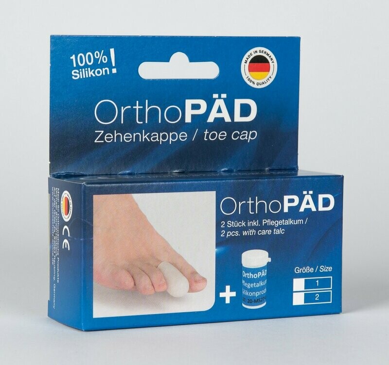OrthoPÄD Zehenkappe aus 100% Silikon, 2 Stück incl. Pflegetalkum, Verpackung mit Euro-Lochung, lieferbar in 2 Größen