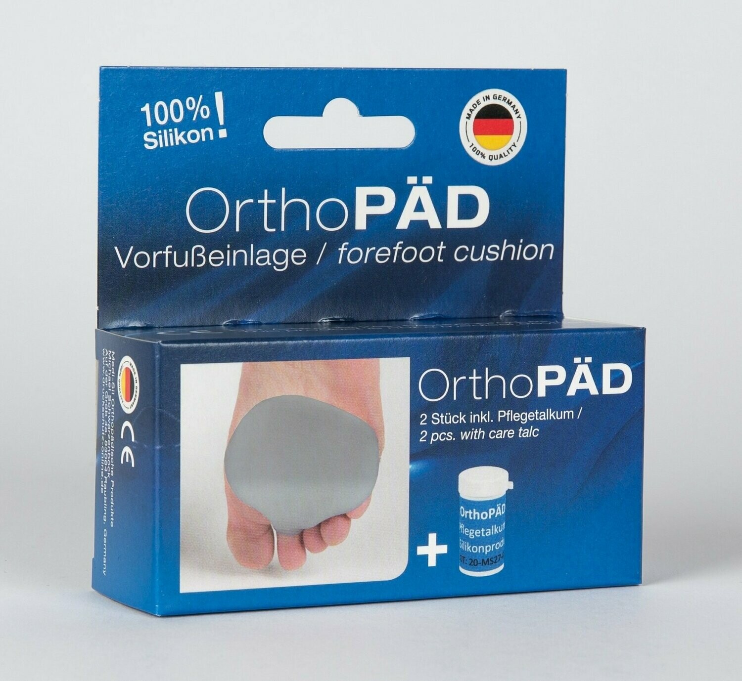 OrthoPÄD Vorfußeinlage aus 100% Silikon/Silinan®, 2 Stück incl. Pflegetalkum, Verpackung mit Euro-Lochung, Einheitsgröße