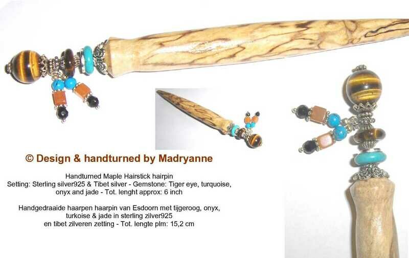 Esdoorn Houten Haarpen haarpin handturned hairpin hair stick Maple tijgeroog turkoise HPESD 01.001