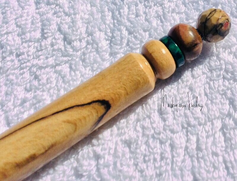 Beuken Houten Haarpen haarpin handturned hairpin hair stick Beech Beuk jasper jaspis chrysocolla HPBEUK 01.008