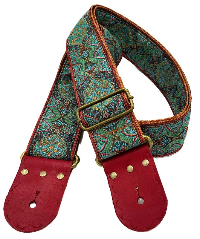 GBStof007 Gitaarband groen turkoise oranje leer bohemian look 195cm