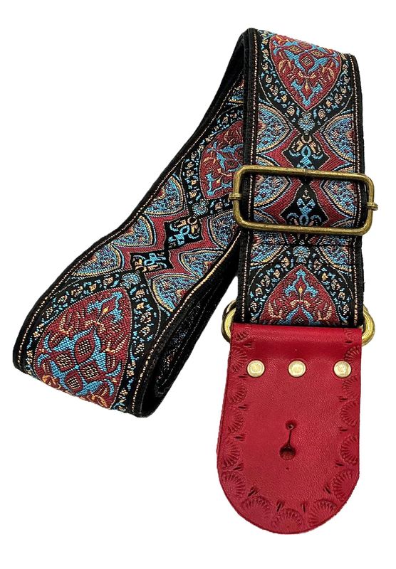 GBStof005b Gitaarband zwart bordeauxrood turkoise barok bohemian 150cm