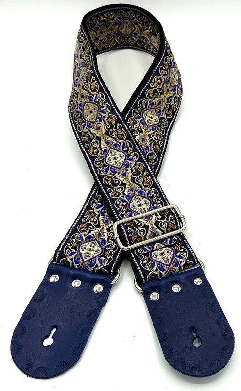 GBStof010 Gitaarband zwart Blue zilver barok bohemian leer 156cm