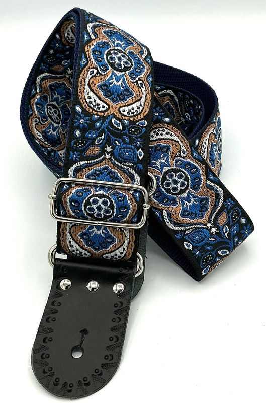 GBStof018 Gitaarband Blauw beige barok bohemian leer 178cm