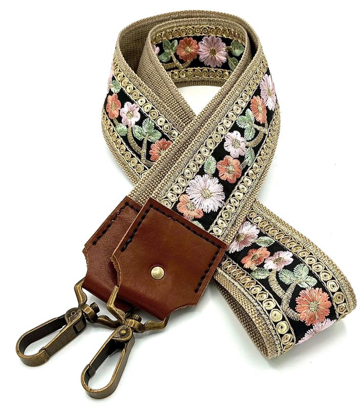 401B Tashengsel zijde zwart rode groen bloemen embroidery