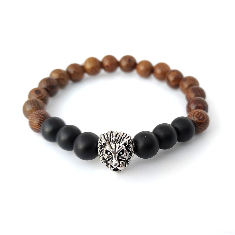 Black Onyx gemstone with brown wooden beads &amp; lion bracelet
