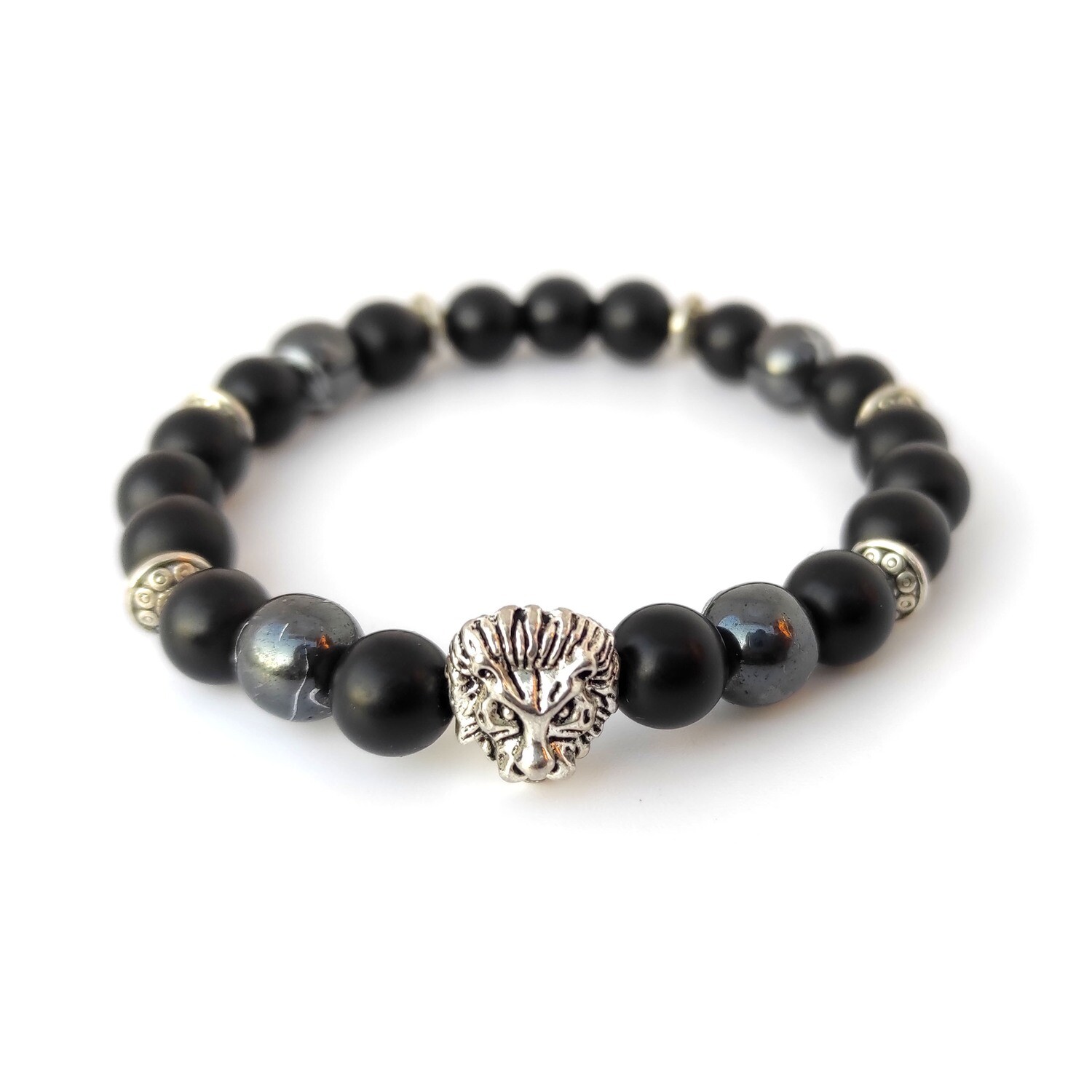 Black Onyx &amp; Hematite gemstone with lion head bracelet
