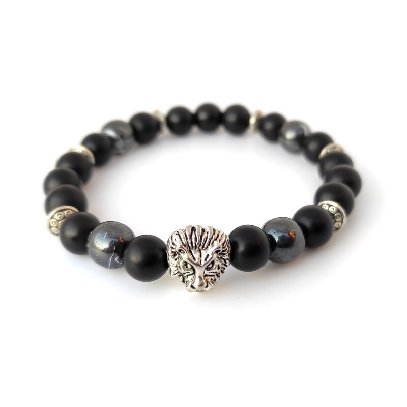 Black Onyx &amp; Hematite gemstone with lion head bracelet