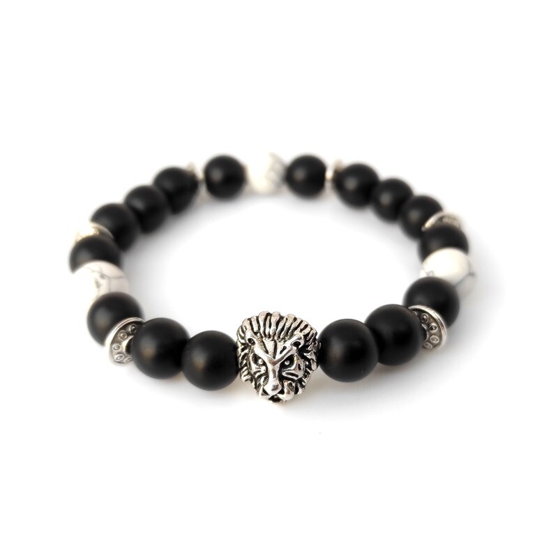 Black Onyx with Howlite gemstone &amp; lion bracelet