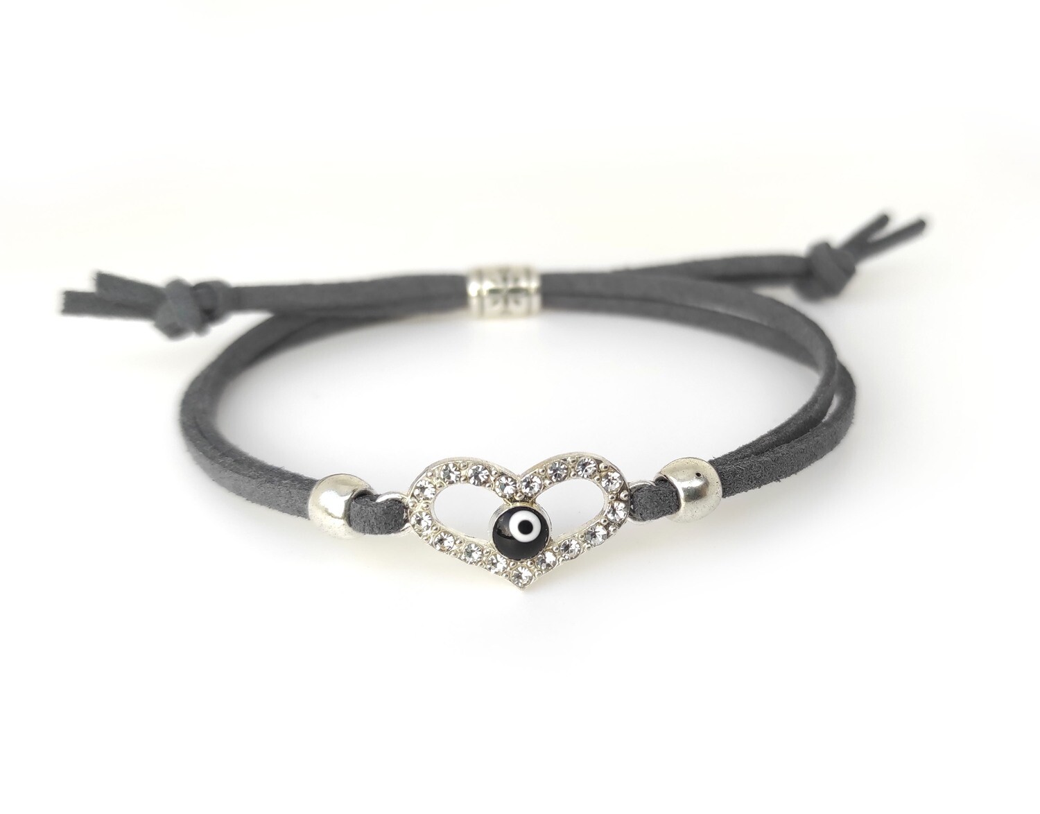 Heart with Black Evil Eye grey cord bracelet