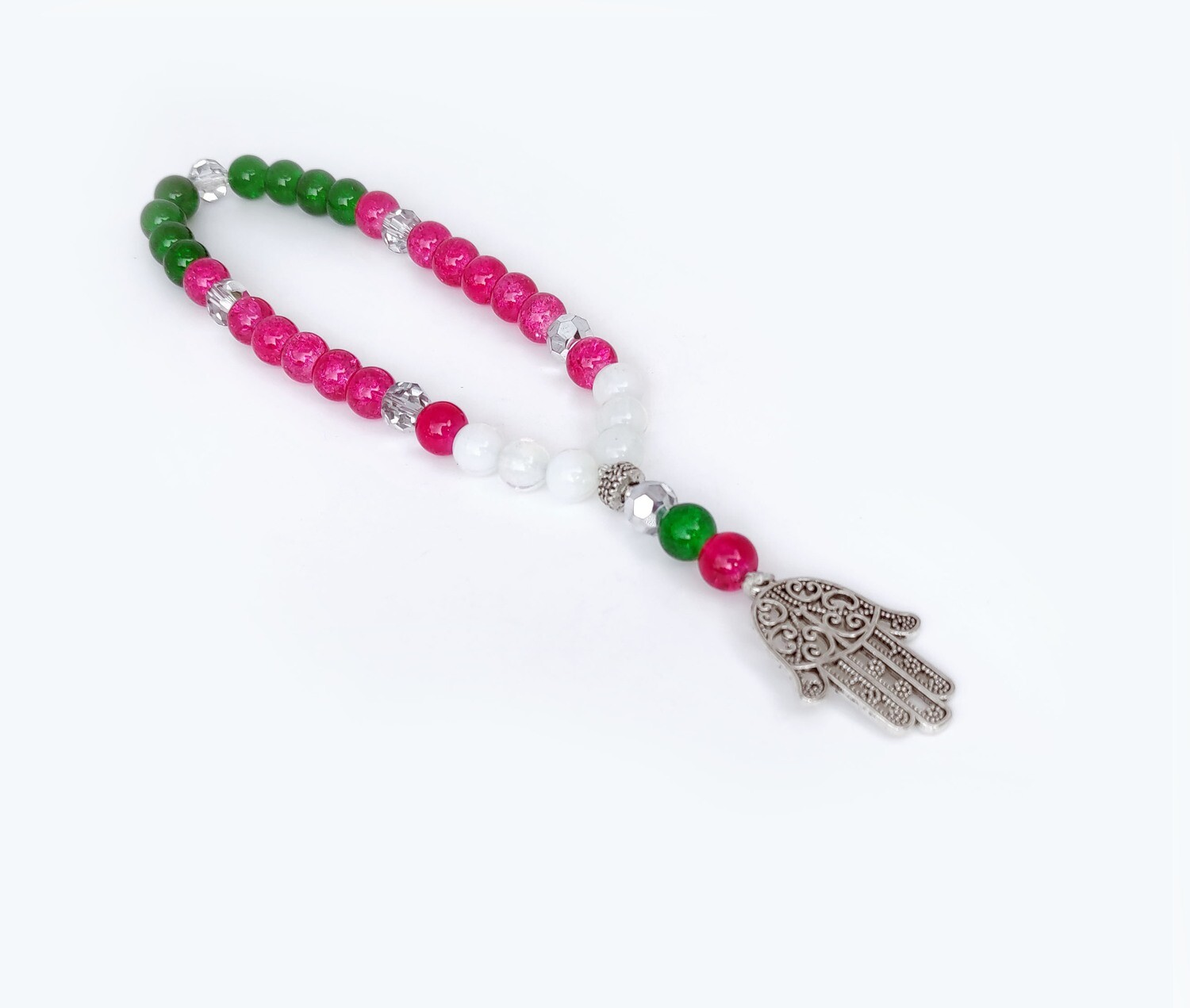 Pink, green and opalite beaded Hand of Fatima prayer beads/Tasbih
