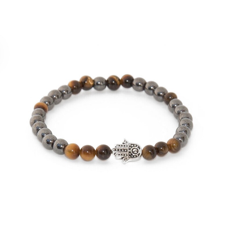 Tigers eye and Hematite Hamsa hand bracelet (6mm)