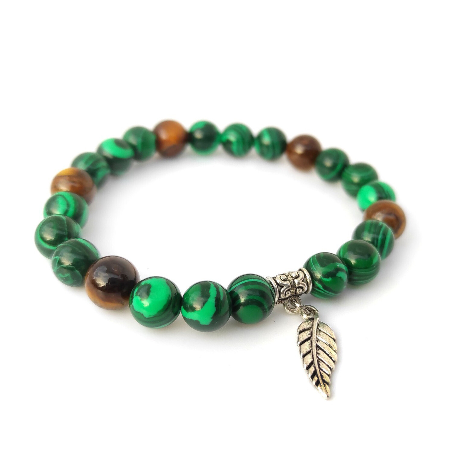 Malachite gemstone with Tigers Eye gemstone & feather bracelet