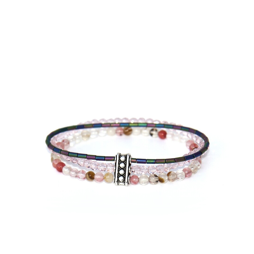 Triple layer stack bracelet set - rainbow and pink