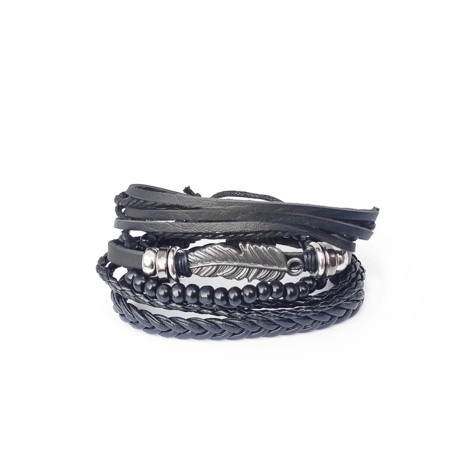 Black bolo feather bracelet stack (4 pcs)