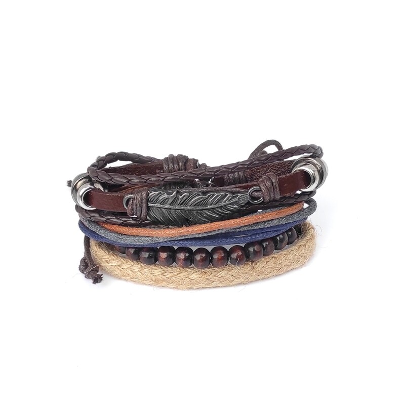 Brown bolo feather bracelet stack (4 pcs)