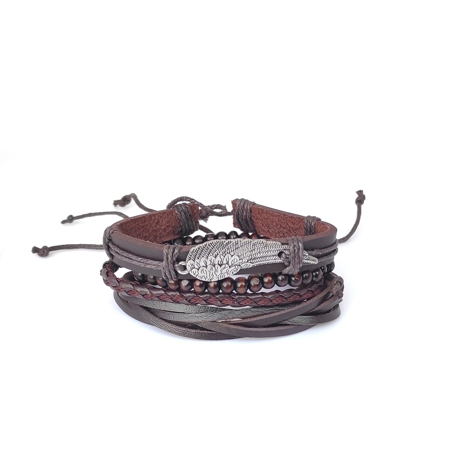 Brown braided bolo angel wing bracelet stack (4 pcs)