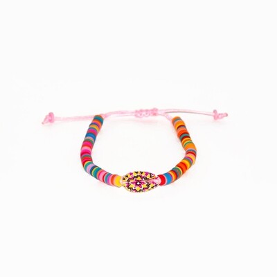 Adjustable Cowrie Shell Clay disc bracelet, Cowrie print: Pink flower