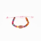 Adjustable Cowrie Shell Clay disc bracelet, Cowrie print: Pink flower