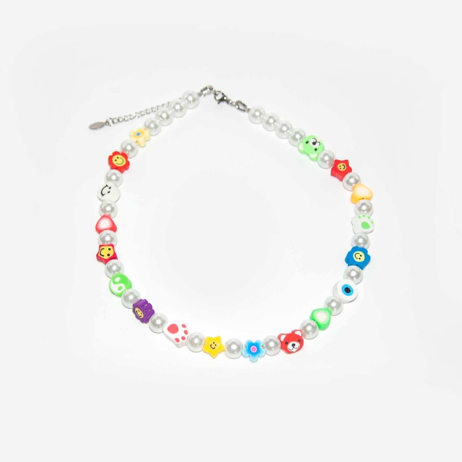 White pearl necklace with clay beads (multi-colour)
