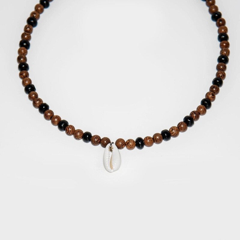Cowrie Shell Wood Bead Necklace