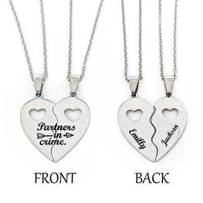 Personalised Engraved 'Partners in Crime' Heart Necklace Pair