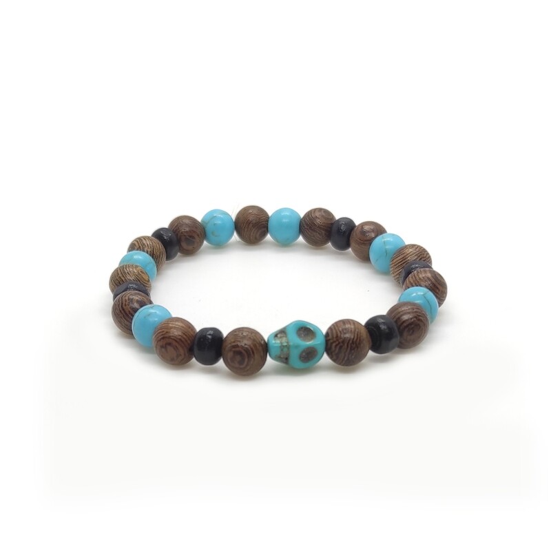 Turquoise and wood skull beaded bracelet