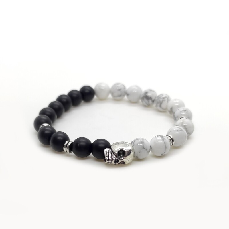 Black Onyx &amp; Howlite with Skull bracelet