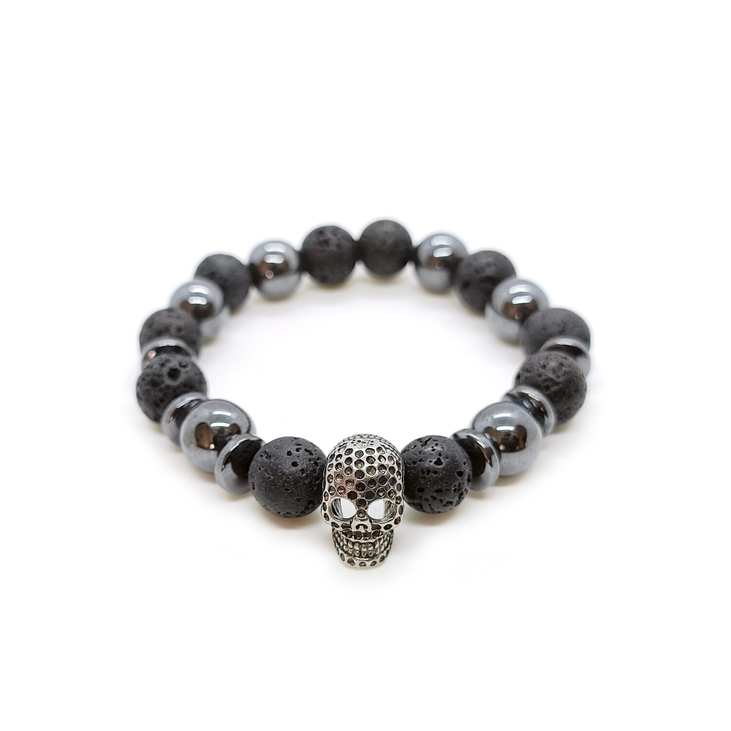 Lava Rock and Hematite Skull bracelet (10mm)