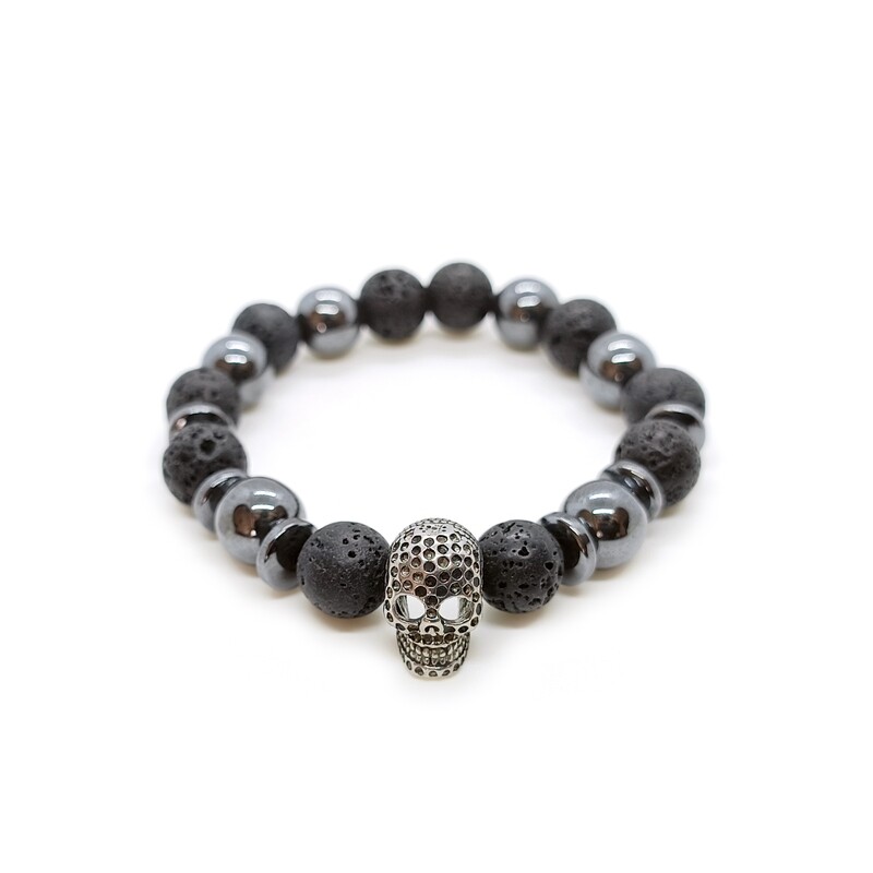 Lava Rock and Hematite Skull bracelet (10mm)