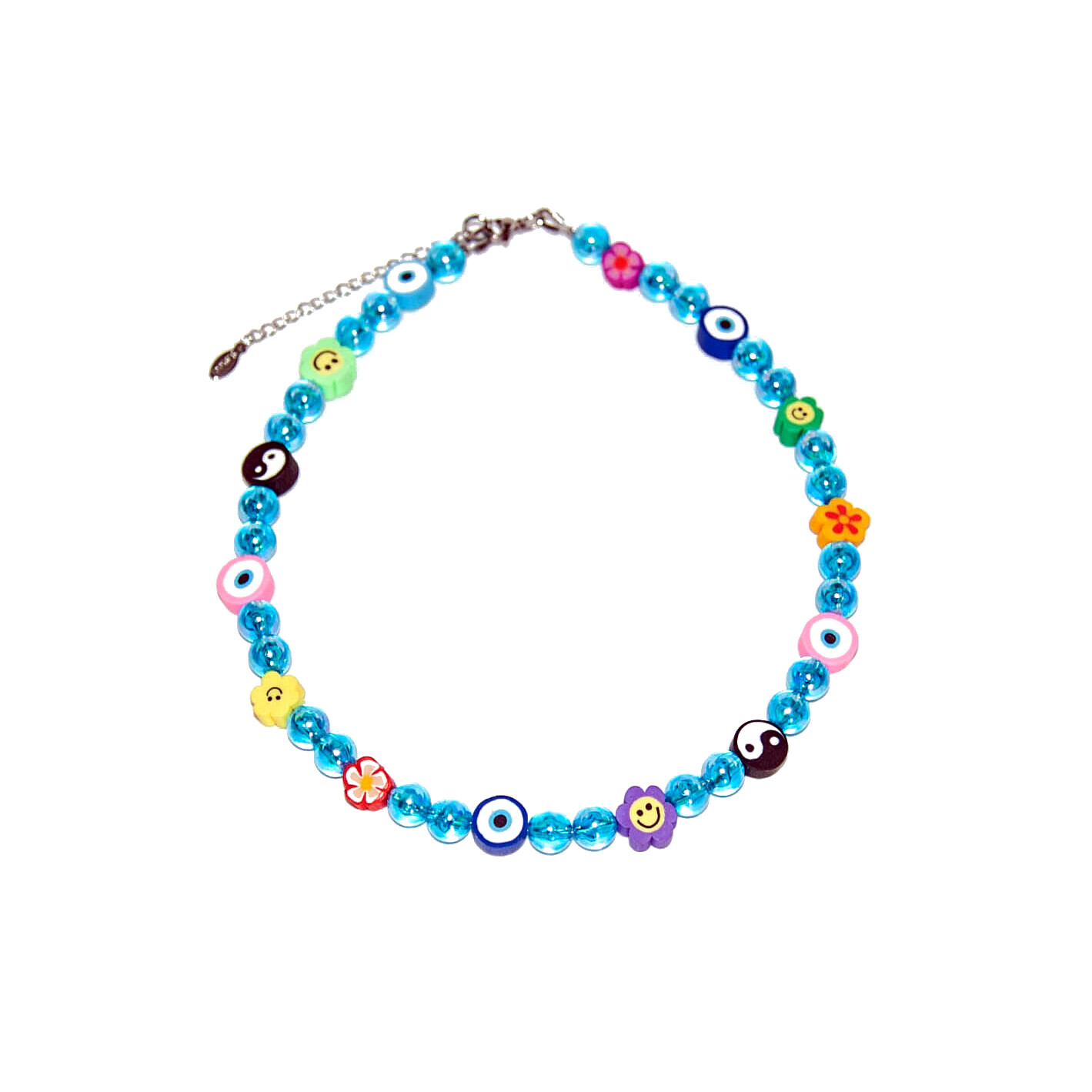 Blue pearl necklace with clay beads (multi-colour)